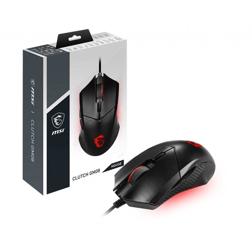 MSI GG CLUTCH GM08 GAMING MOUSE 4.200 DPI PIXART PAW3519 OPTIK SENSOR RED LED 1.8M KABLO AYARLANABILIR AGIRLIK ALTIN KAPLAMA USB BAGLANTI OYUNCU FARESI