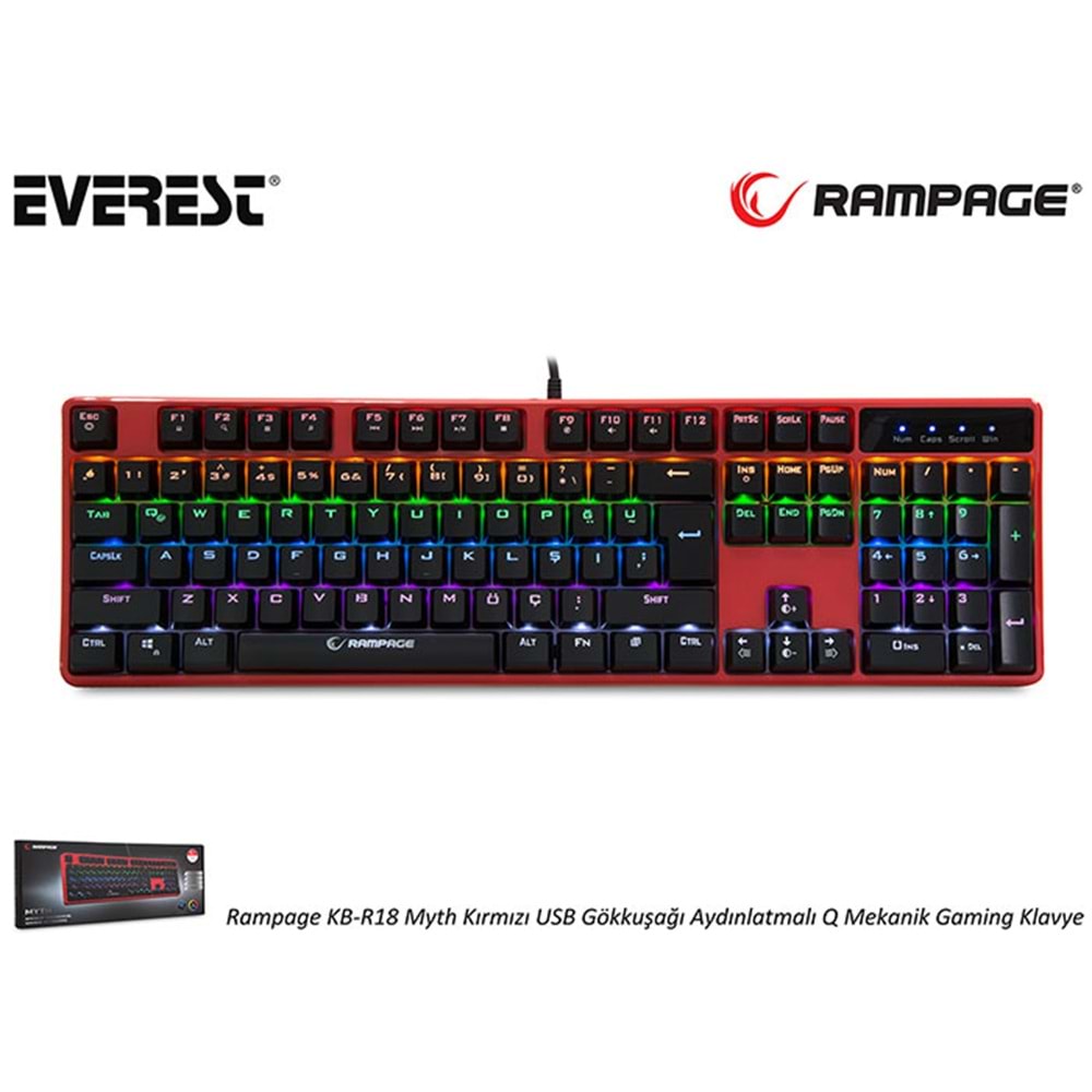 Rampage KB-R18 Myth Kırmızı USB Gökkuşağı Aydınlatmalı Q Mekanik Gaming Klavye