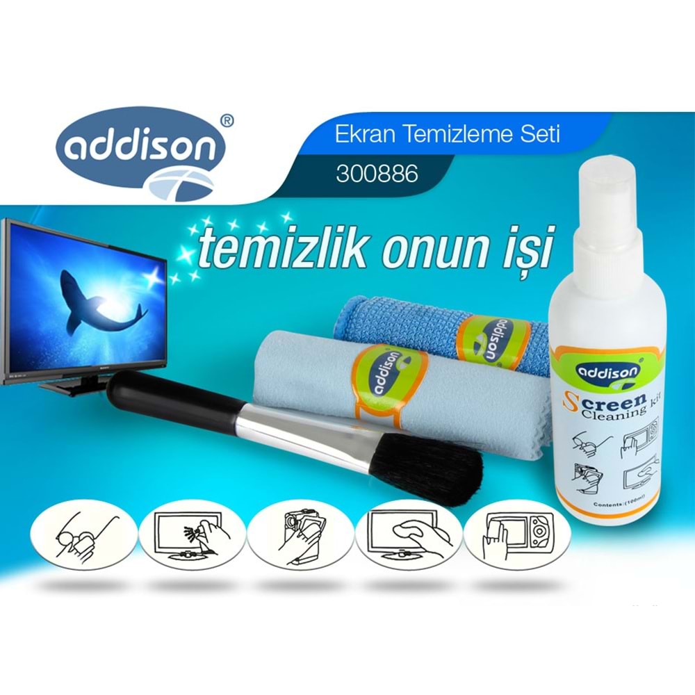 Addison 300886 100ml Sprey+ FiberBez*2 +Fırça Lcd/Notebook/Kamera Ekran Temizleme Seti