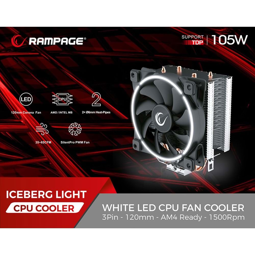 Rampage ICEBERG LIGHT 3Pin 120mm AM4 Ready 1500Rpm Beyaz Led Soğutucu Fan