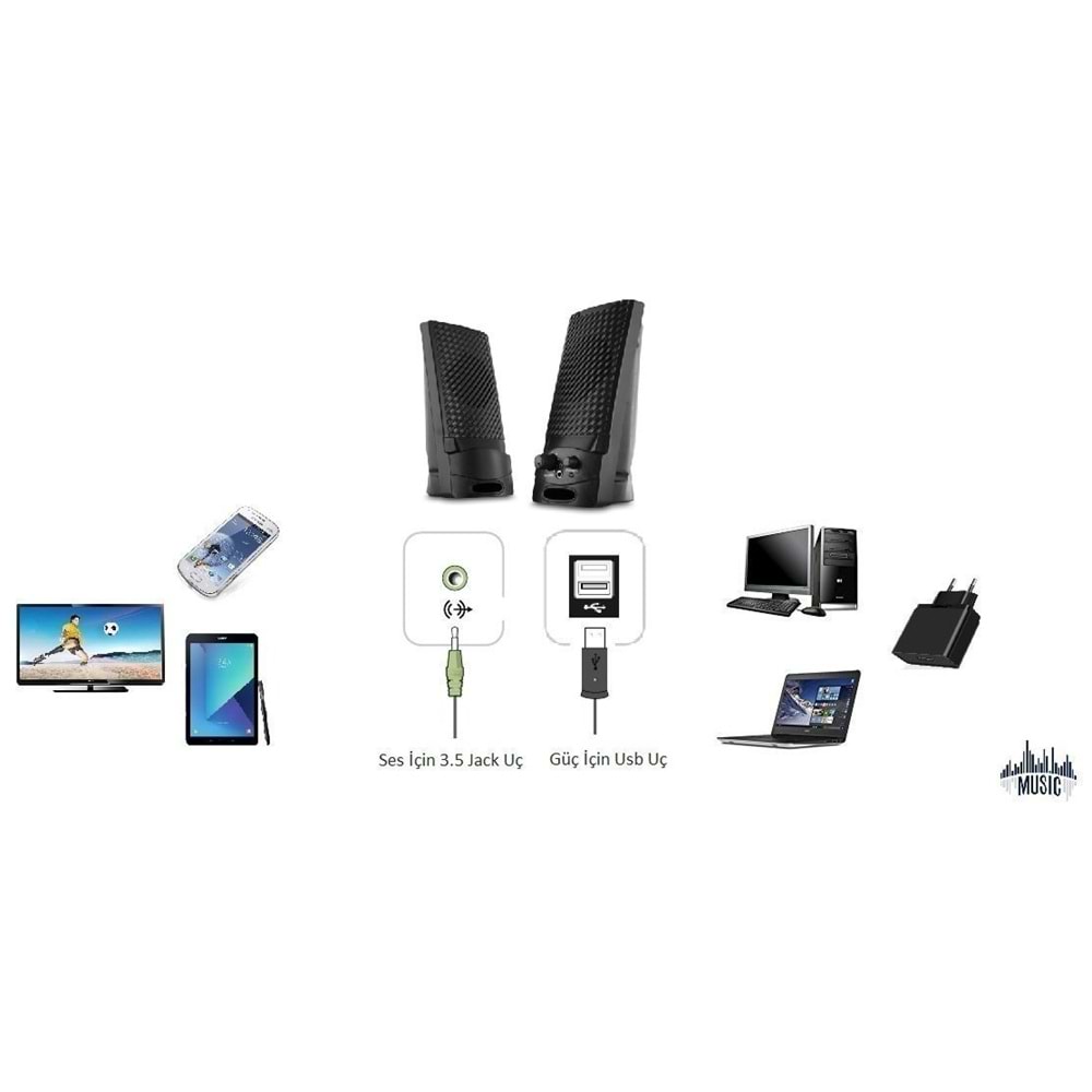 Snopy SN-510 2.0 Siyah Usb Speaker-Siyah Renk Multimedya 1+1 Stereo Hoparlör