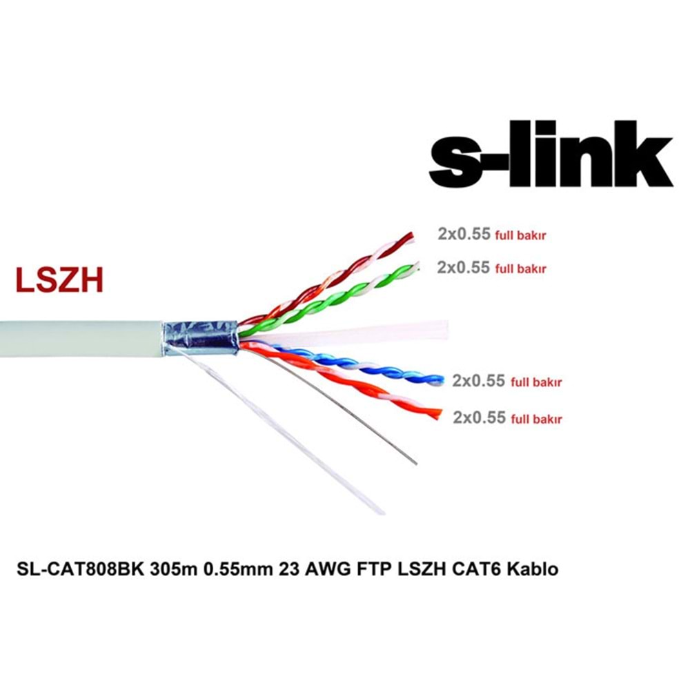 S-link SL-CAT808BK 305m 0.55mm 23 AWG Full Bakır FTP LSZH CAT6 Kablo