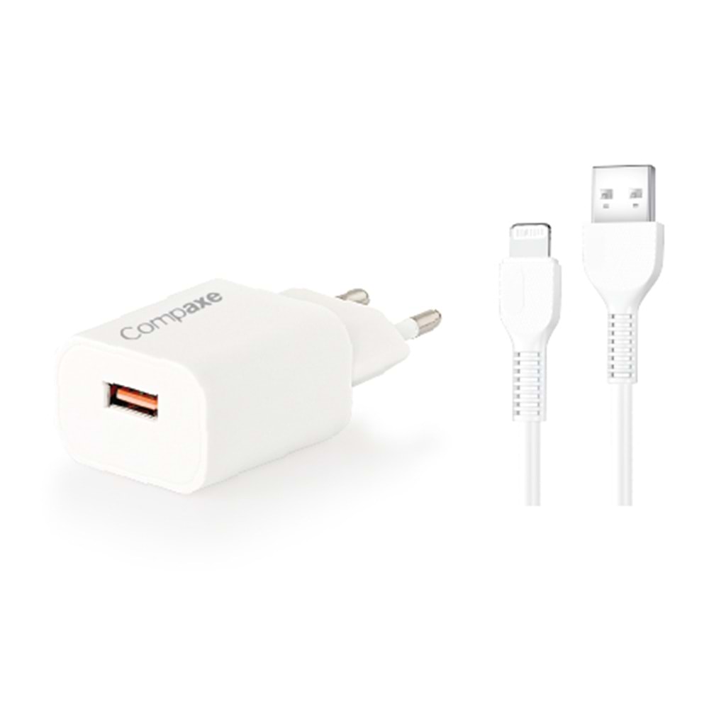 COMPAXE CTA-150IU 18W 5V 3A/ 9V 2A/ 12V 1.5A QC + USB TO LIGHTNING 3 A KABLOLU SET BEYAZ