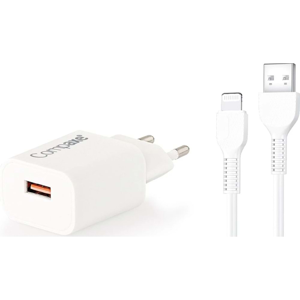 COMPAXE CTA-150QC UL24B 18W 5V 3A/ 9V 2A/ 12V 1.5A QC + USB TO LIGHTNING 2.4 A KABLOLU SET BEYAZ