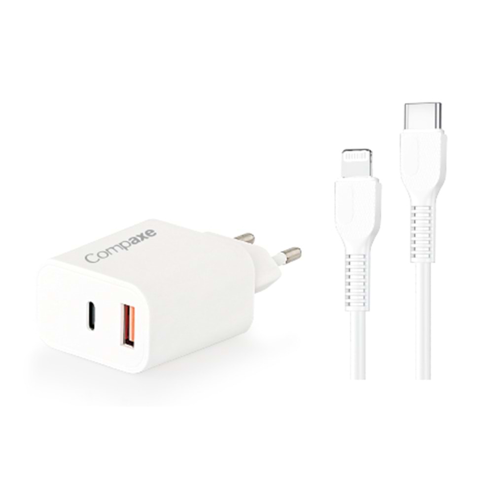 COMPAXE CTA-350 TI 35W PD/QC + TYPE C TO LIGHTNING 3 A KABLOLU SET BEYAZ
