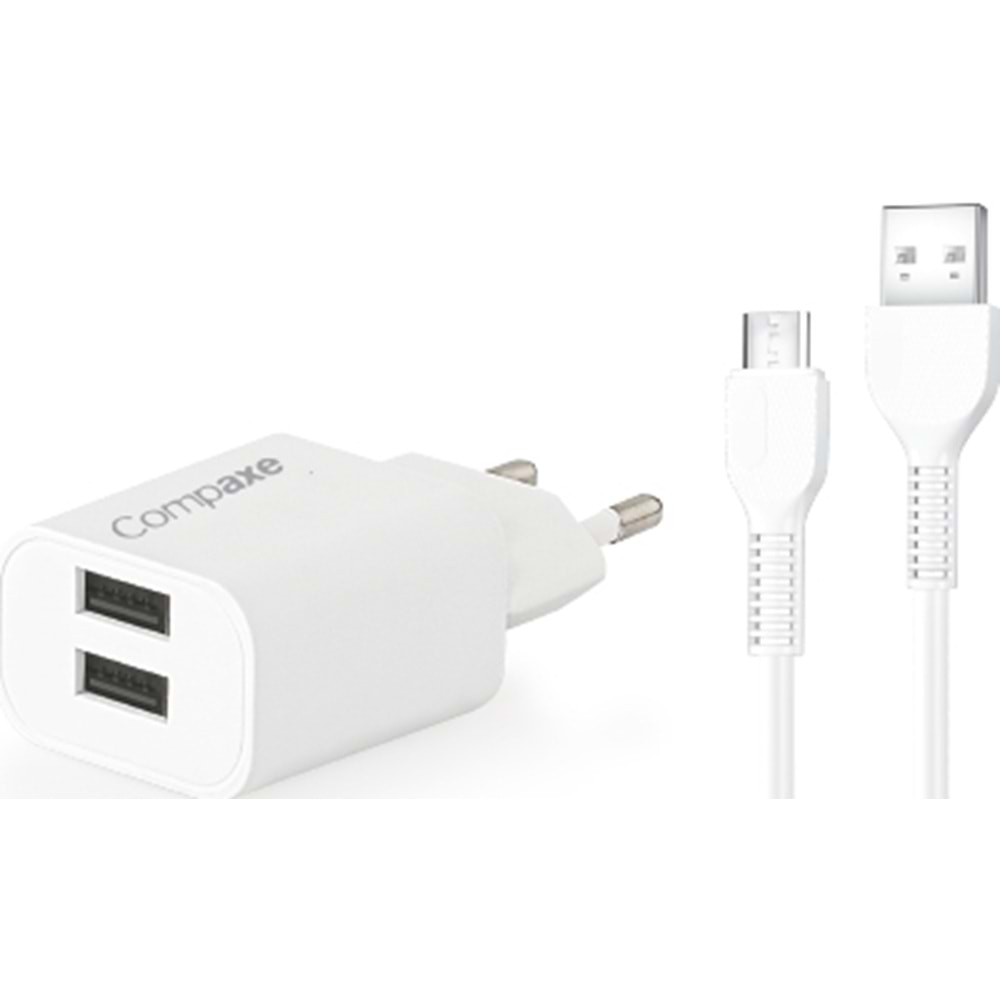 COMPAXE CTA-521DMU 10W 5V 2.1A ÇİFT USB + USB TO MICRO 3A KABLOLU SET BEYAZ