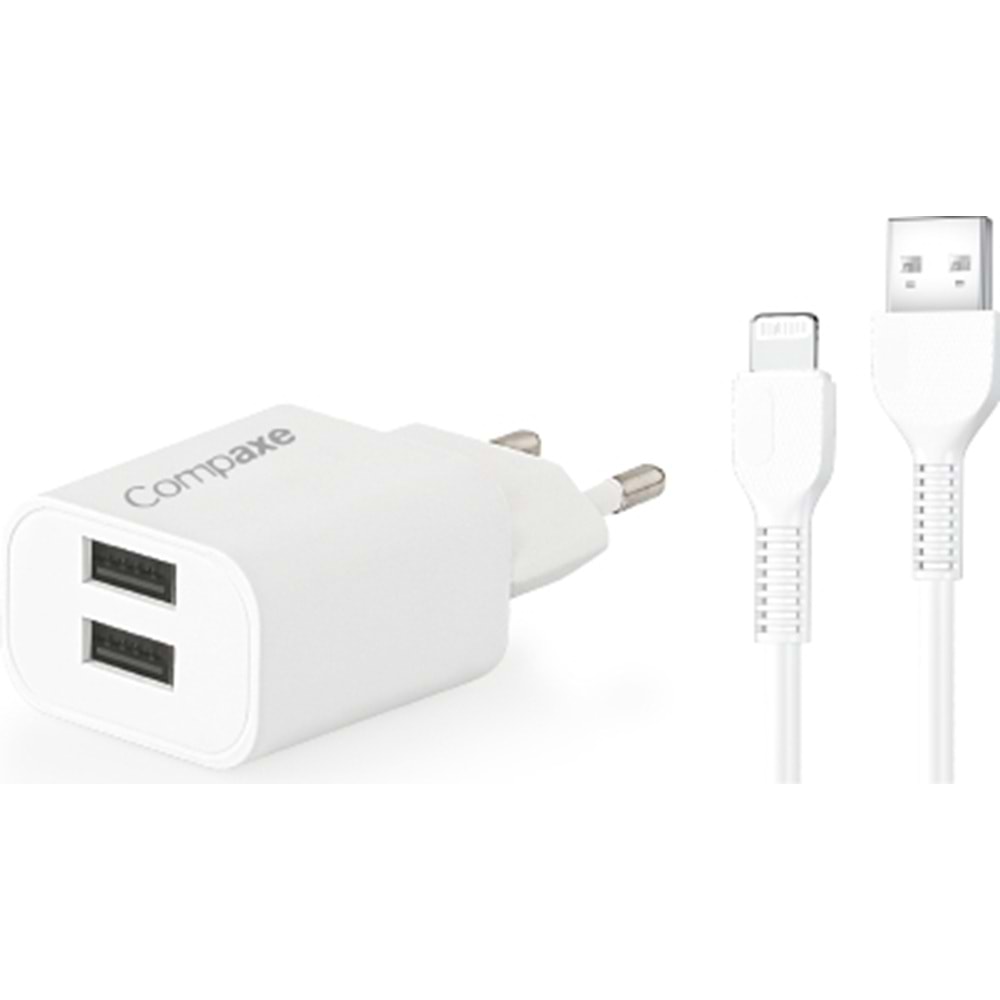 COMPAXE CTA-521DULB24 10W 5V 2.1A ÇİFT USB + USB TO LIGHTNING 2.4A KABLOLU SET BEYAZ