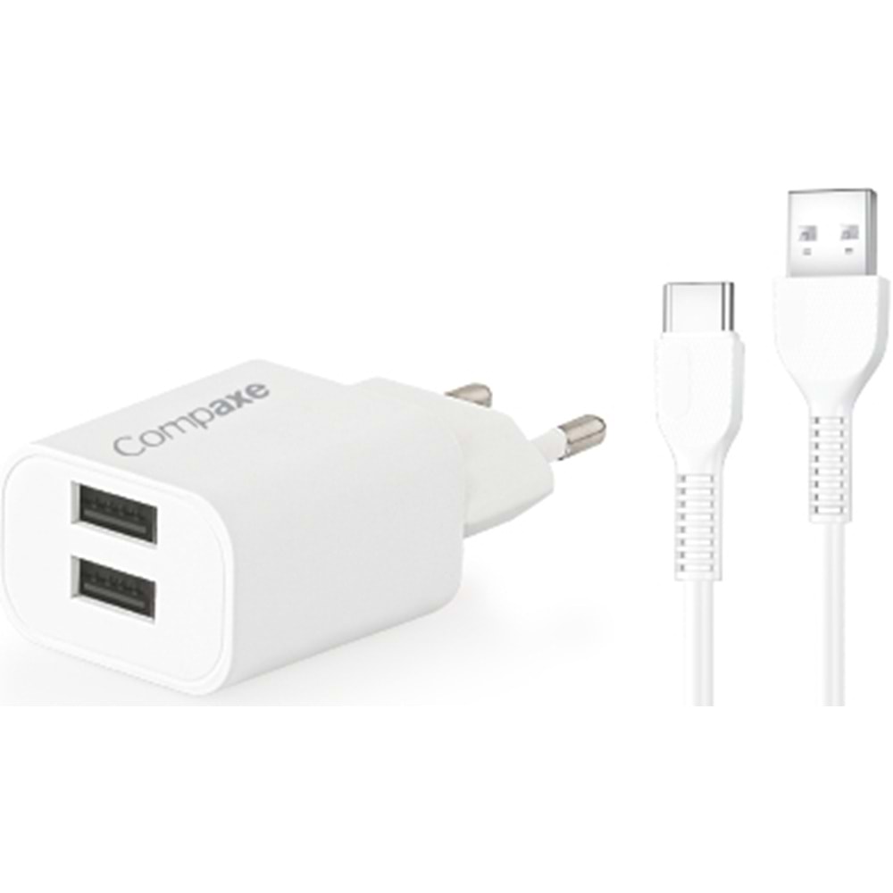 COMPAXE CTA-521DUTB24 10W 5V 2.1A ÇİFT USB + USB TO TYPE C 2.4A KABLOLU SET BEYAZ