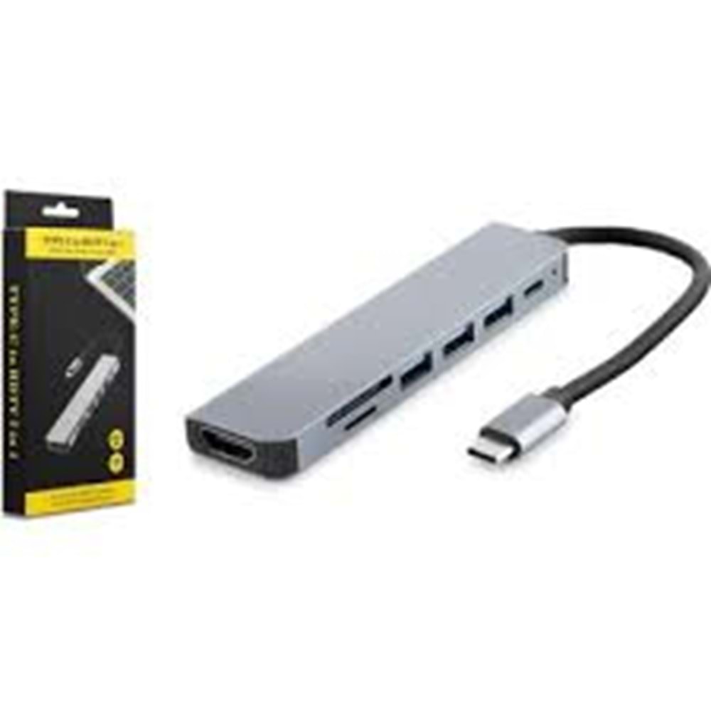 HADRON HDX7835 TYPE-C (M) TO 3USB3.0+TYPE-C+HDMI+ETHERNET (7F) MULTI FUNCTION ADAPÖR 7IN1 GRİ