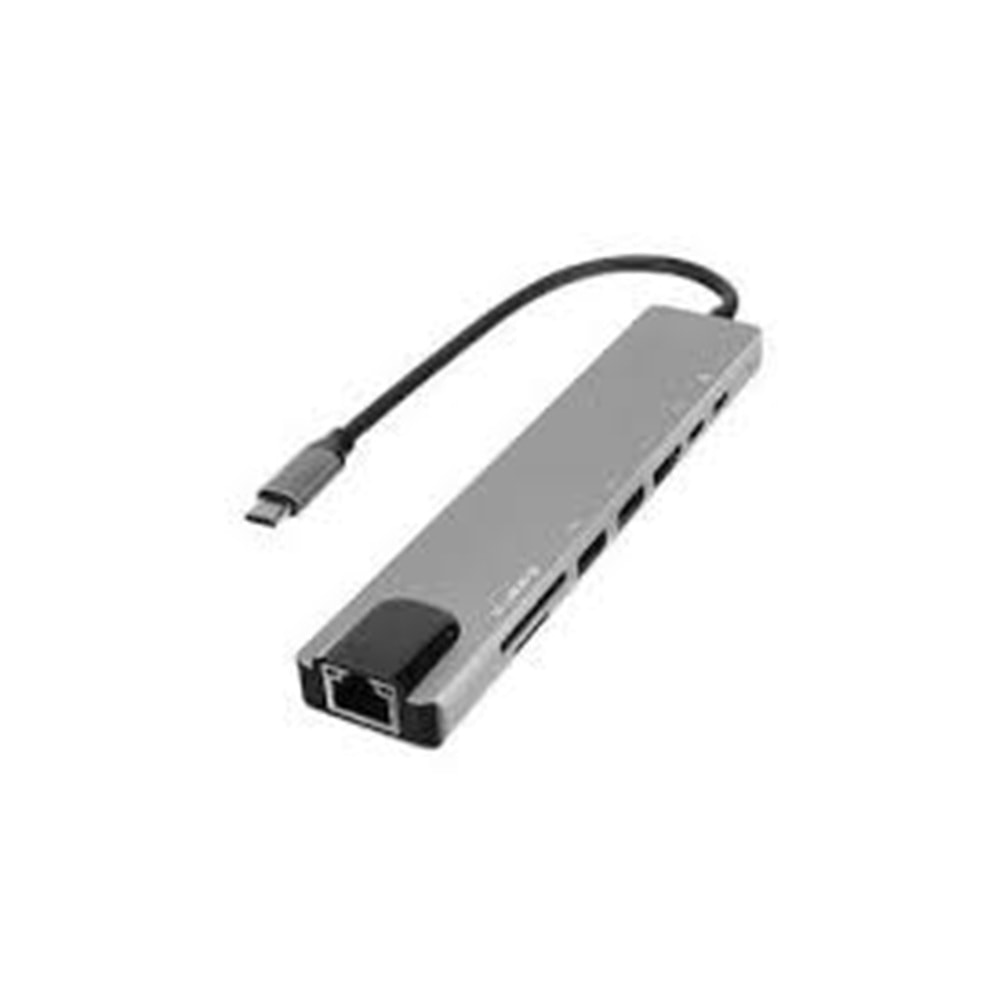 Hytech HY-USBC82 4K@30Hz Gri Metal 2xUSB3.0, 1xUSB2.0, 1000Mbps PD, TypeC Data, SD/TF Kart Okuyucu Type C Adaptör
