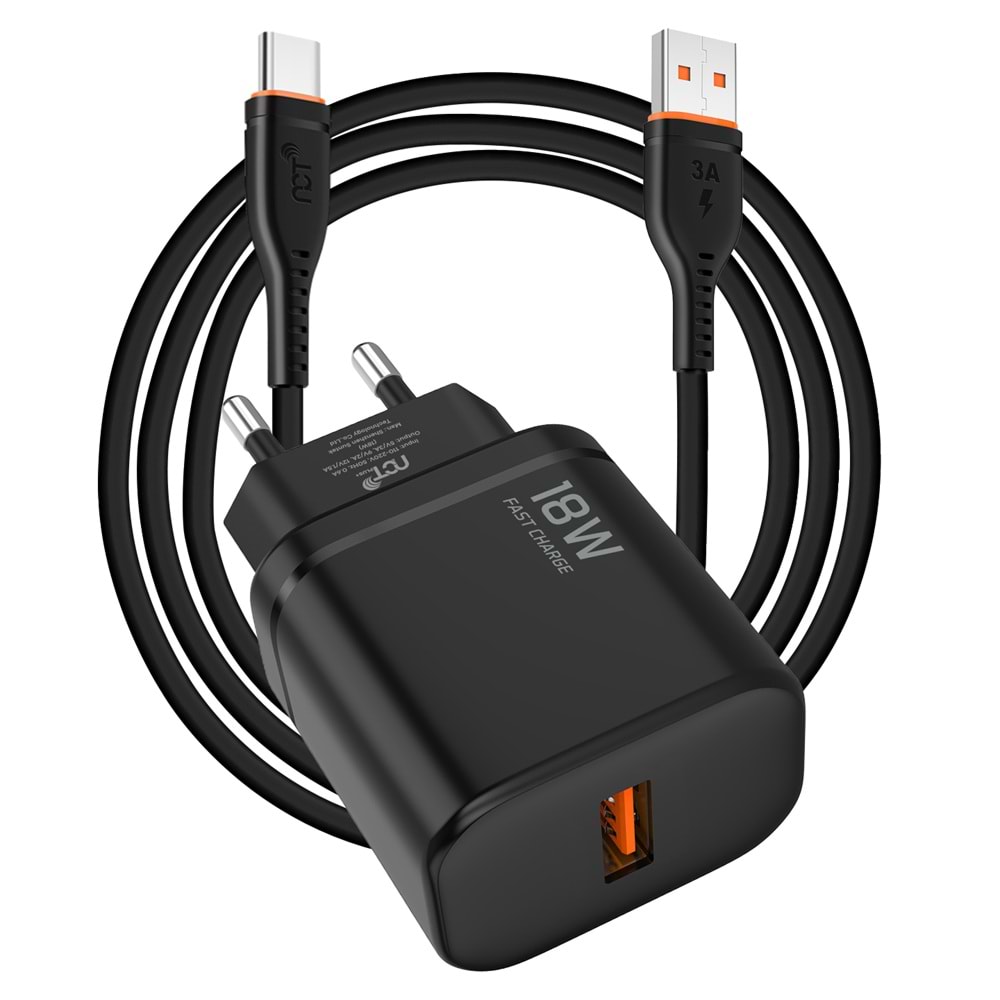 NCT PLUS+ NCT-N60TYP TypeC to TypeC kablolu PD 20W + USB QC 18W Hızlı Siyah Ev Şarj Adaptör