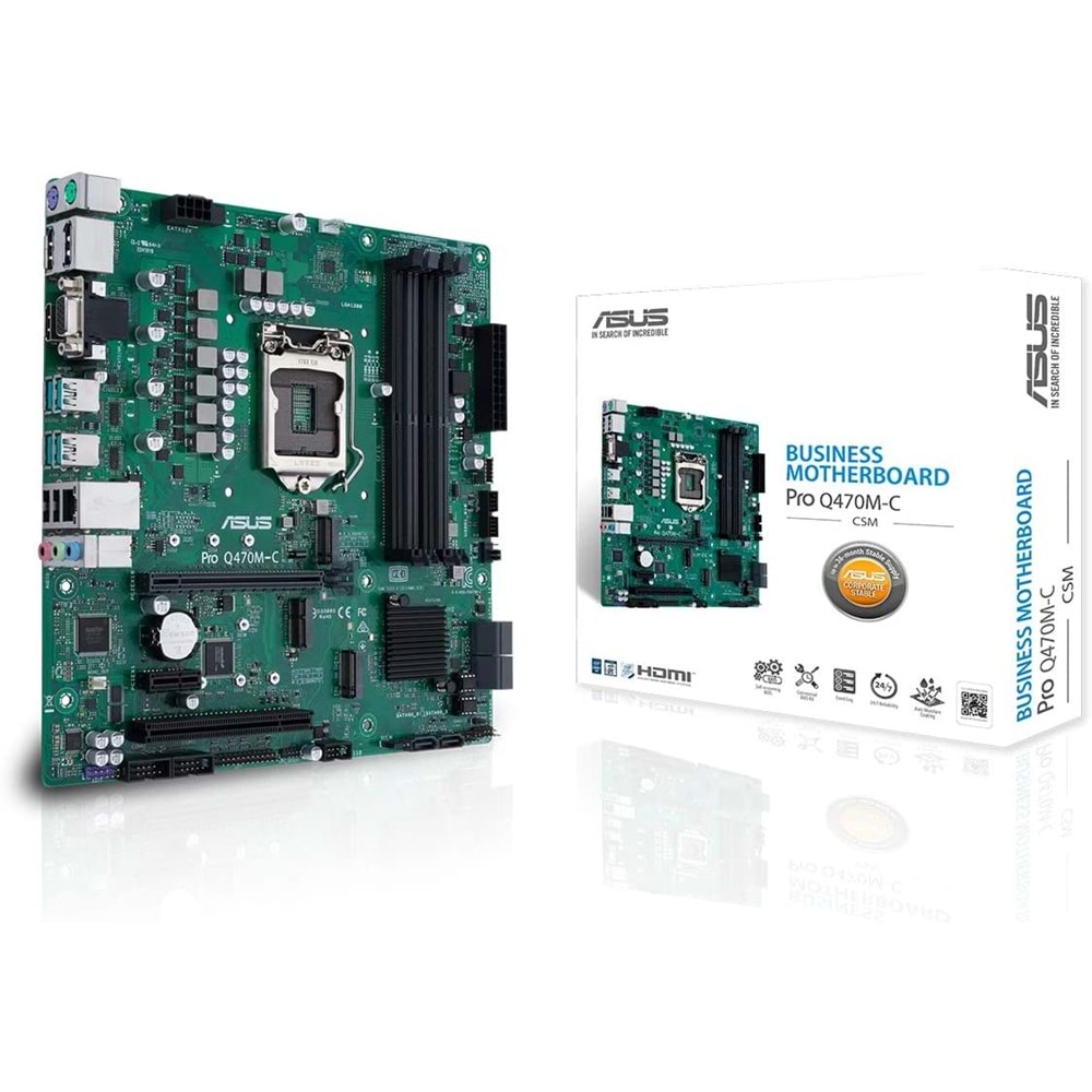 ASUS PRO Q470M-C/CSM Intel Q470 LGA1200 DDR4 2933 DP HDMI VGA Çift M2 USB3.2 PCI TPM mATX Intel Vpro desteği