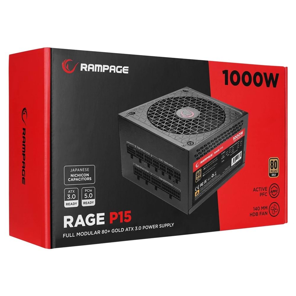 Rampage RAGE P15 1000W 80+ GOLD APFC 14cm Long Life HDB Fan ATX3.0+PCIE5.0 Gaming Power Supply