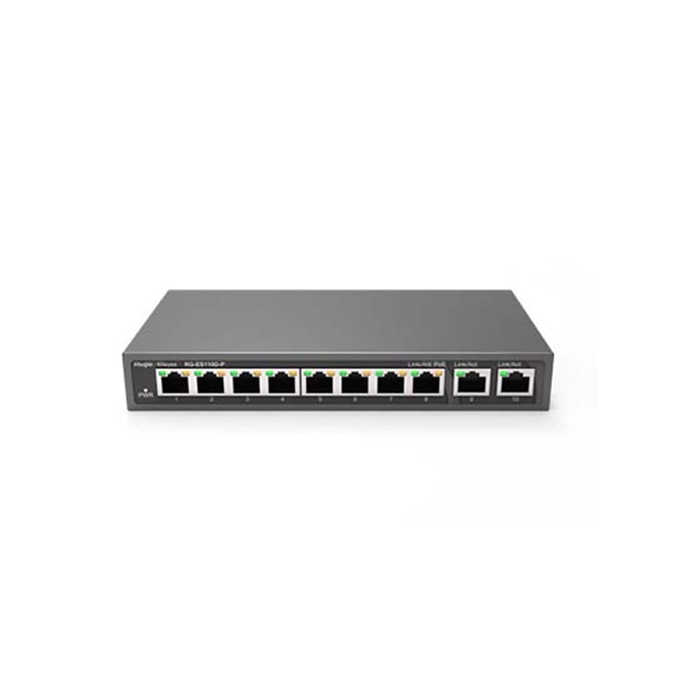 Reyee RG-ES110D-P 10 Portlu, 10/100 Fast Ethernet, Tak Çalıştır Switch, 2 Gigabit Uplink, 8 Port PoE+ (110W)