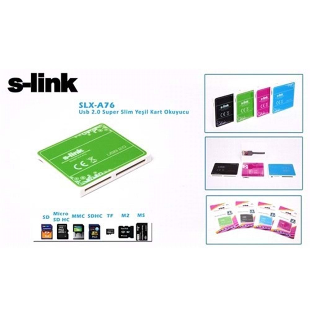 S-link Slx-A76 Çoklu Kart Okuyucu - Usb 2.0 İnce Tasarım Yeşil Renk