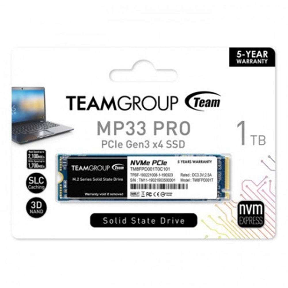 Team MP33 Pro 1TB 2400/2100MB/s NVMe PCIe Gen3x4 M.2 SSD Disk