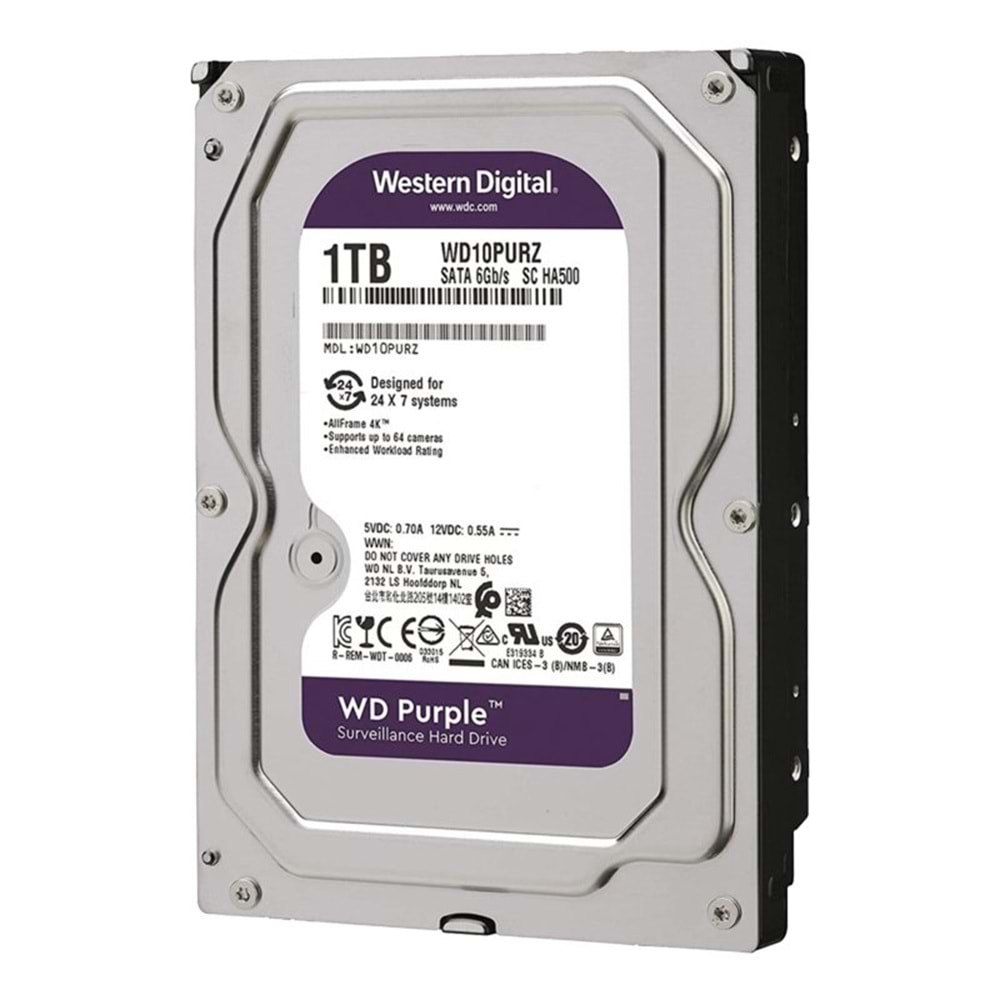 Western Digital WD10PURZ Purple 3,5'' SATA III 6Gbit/s, 1 TB 64MB 7/24 Güvenlik Kamerası Diski
