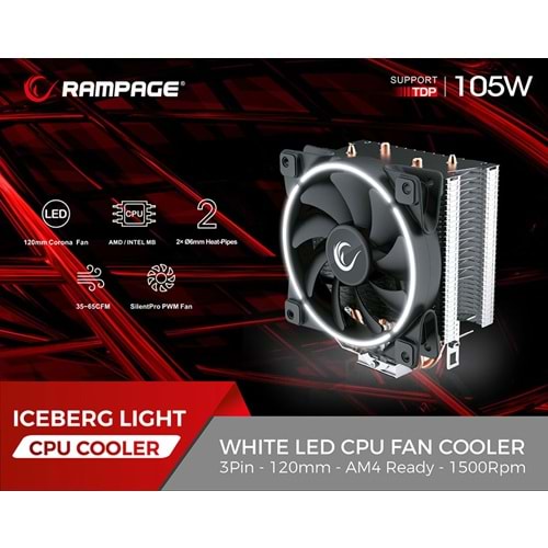 Rampage ICEBERG LIGHT 3Pin 120mm AM4 Ready 1500Rpm Beyaz Led Soğutucu Fan