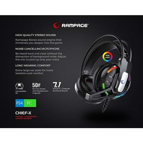 Rampage RM-K22 CHIEF-X Siyah USB 7.1 Surround Gaming Oyuncu Mikrofonlu Kulaklık