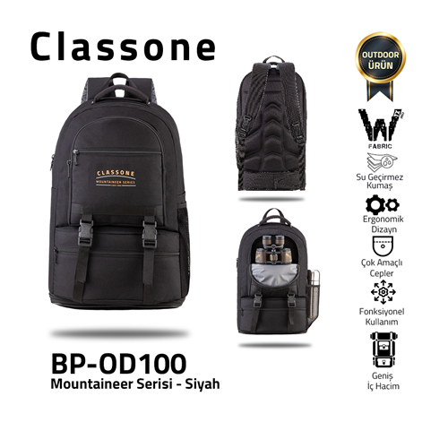 Classone BP-OD100 Mountaineer Serisi WTXpro Su Geçirmez Kumaş Dağcı Sırt Çantası – Siyah
