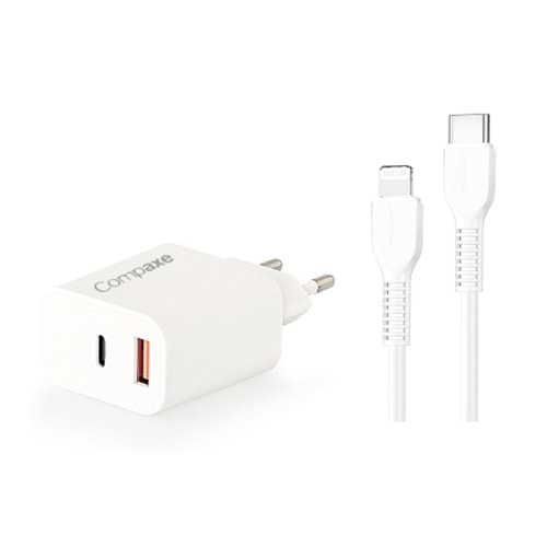COMPAXE CTA-350 TI 35W PD/QC + TYPE C TO LIGHTNING 3 A KABLOLU SET BEYAZ