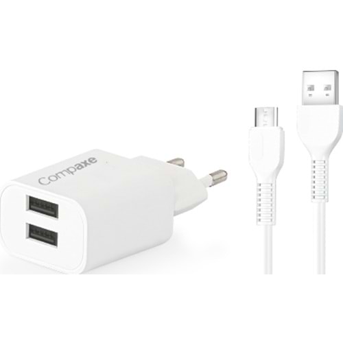 COMPAXE CTA-521DMU 10W 5V 2.1A ÇİFT USB + USB TO MICRO 3A KABLOLU SET BEYAZ
