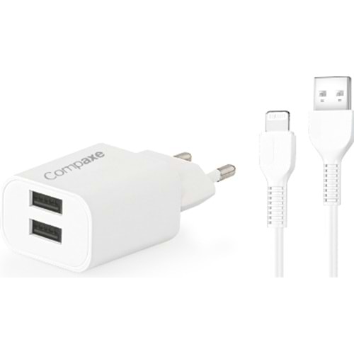 COMPAXE CTA-521DULB24 10W 5V 2.1A ÇİFT USB + USB TO LIGHTNING 2.4A KABLOLU SET BEYAZ