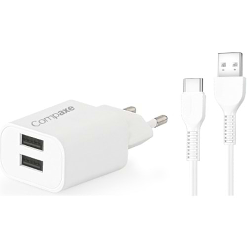 COMPAXE CTA-521DUTB24 10W 5V 2.1A ÇİFT USB + USB TO TYPE C 2.4A KABLOLU SET BEYAZ