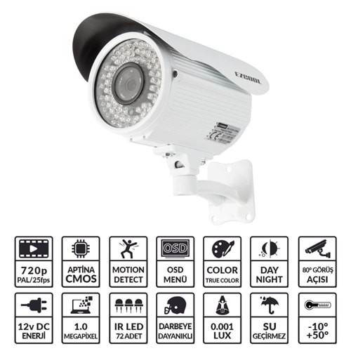 EZCOOL EZ-9721HD 1 MP 3,6MM 3MP 72 LED AHD OSD