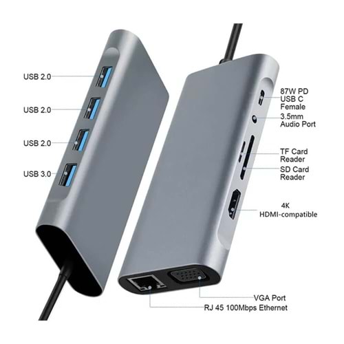 HADRON HDX7830 TYPE-C TO PD + HDMI + 4USB3.0 + LAN + SD + TF + AUIDO + VGA 11IN1 30HZ FÜME
