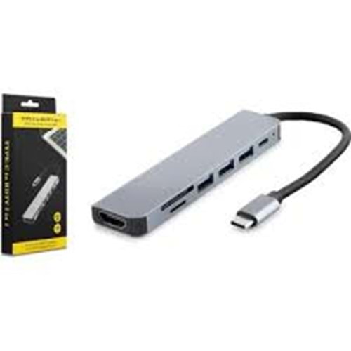 HADRON HDX7835 TYPE-C (M) TO 3USB3.0+TYPE-C+HDMI+ETHERNET (7F) MULTI FUNCTION ADAPÖR 7IN1 GRİ
