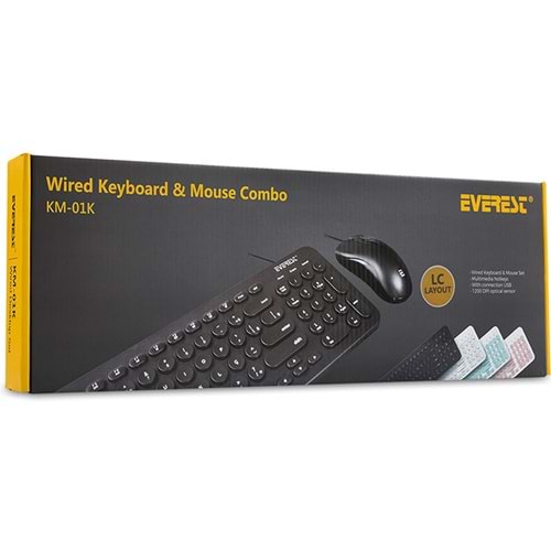 Everest KM-01K Beyaz Usb Yuvarlak Tuşlu 3D Mouse Combo Türkçe Klavye + Mouse Set