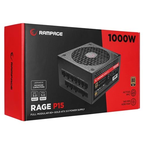 Rampage RAGE P15 1000W 80+ GOLD APFC 14cm Long Life HDB Fan ATX3.0+PCIE5.0 Gaming Power Supply