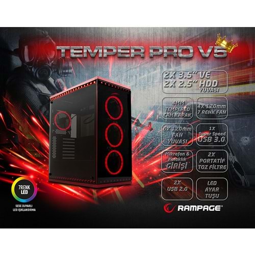 Rampage TEMPER PRO V5 4*Tempered Glass Kırmızı 4*RGB Fan 2*Usb3 2*Usb1 6*RGB Şerit Oyuncu Kasası